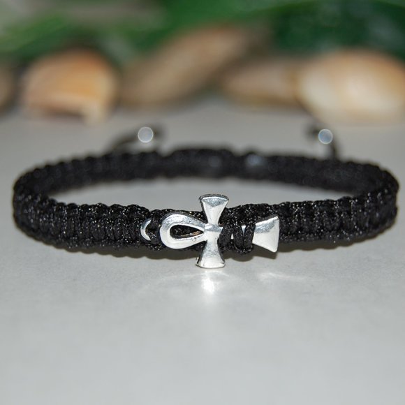 Ankh Cross Bracelet,Black String Bracelet,Silver Ankh Cross Bracelet,Ankh - Picture 1 of 3